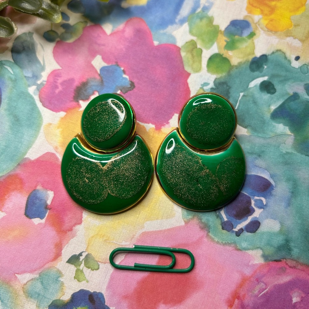 Vintage Green and Gold Statement Earrings - Picture 2 of 3